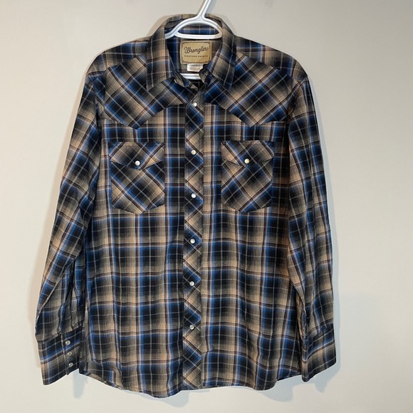 Wrangler Other - Wrangler Mens Western Pearl Snap Plaid Shirt Blue Tan Black WM219BK Medium